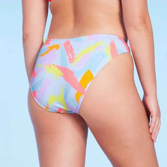 Wild Fable 0X 14-16 Light Blue Abstract Print Ribbed Cheeky Bikini Swim Bottom - Picture 3 of 7